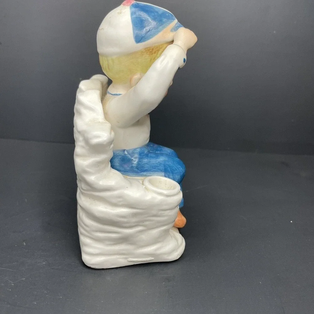 Vintage Boy Wearing Cap Saluting & Sitting Cross‎ Legged Bud Vase White & Blue